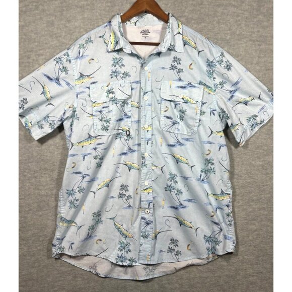 Izod Saltwater Performance Shirt XL Blue Fish Print Vented Button Down - Picture 1 of 6